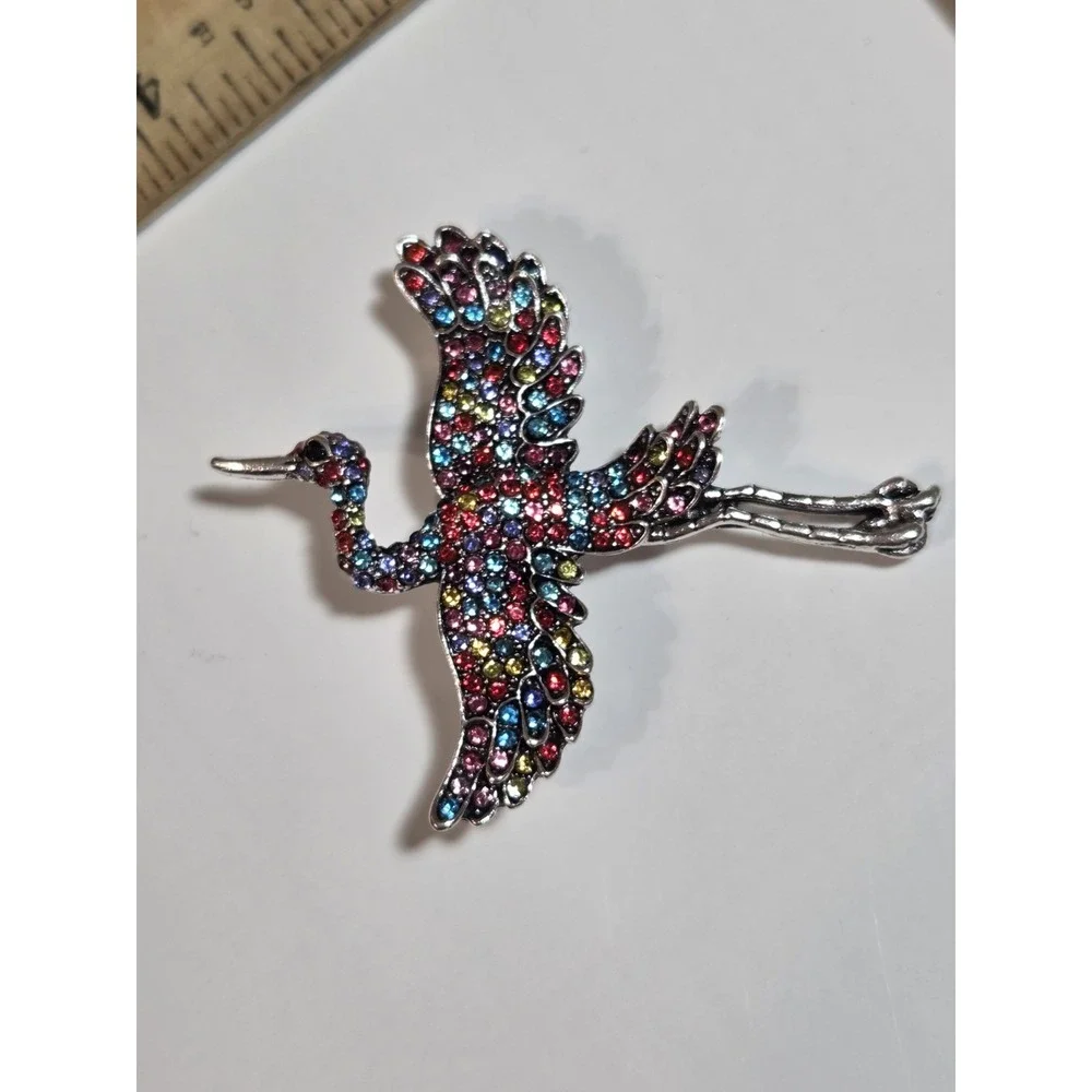 Multicolor Rhinstone Crane Brooch Pendant Silver-Tone